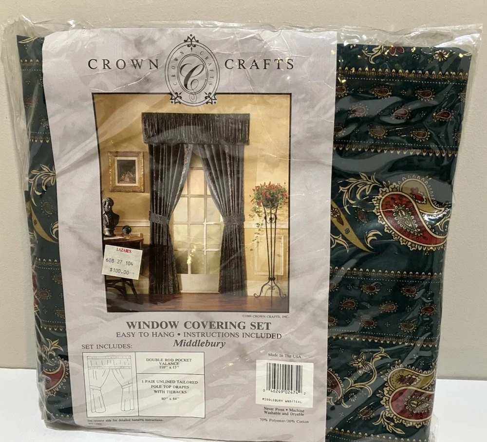 Valance Drapes Window Covering Set Green Paisley Crown Crafts Middlebury NEW